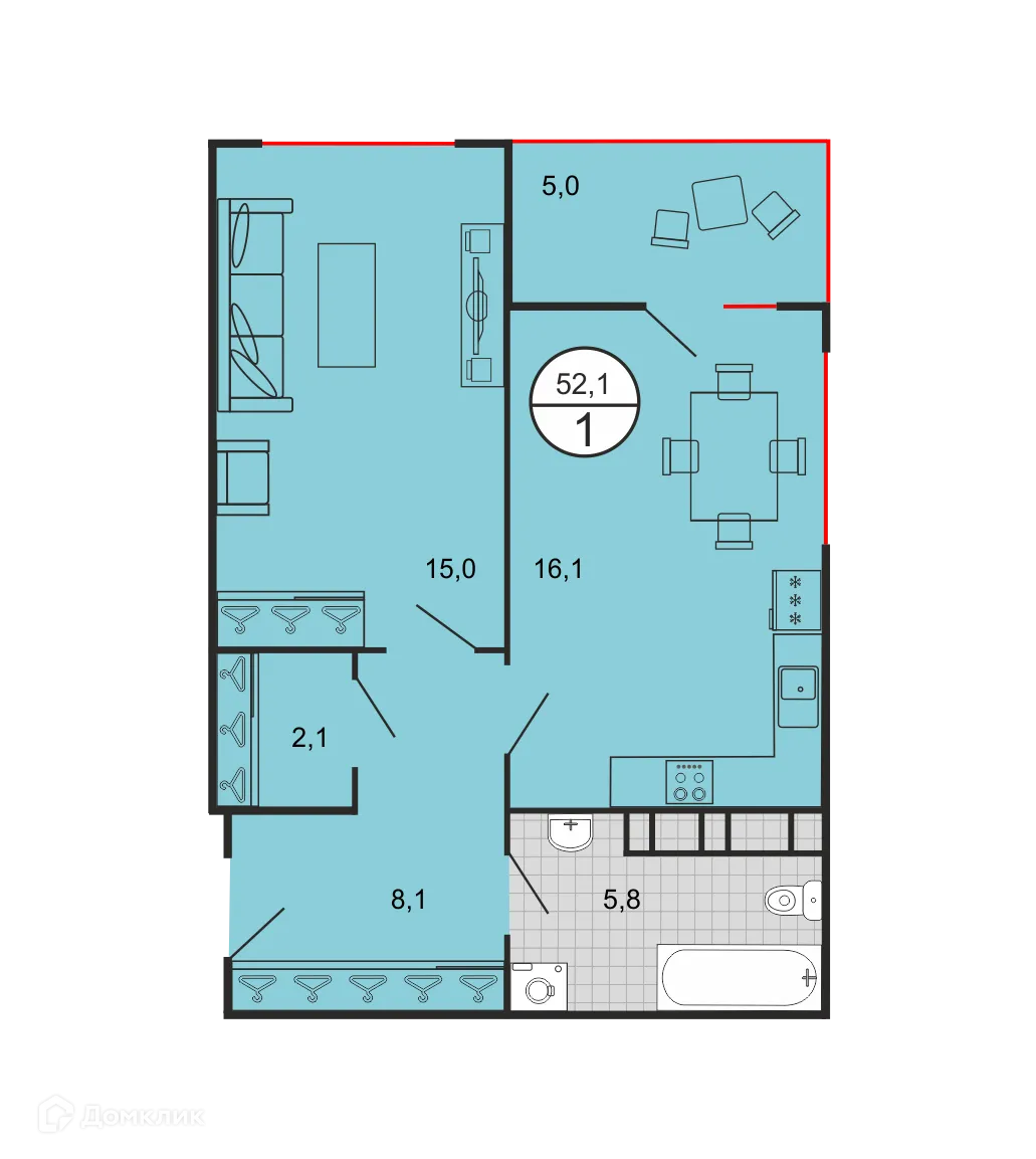 Планировка 1-комнатной квартиры 51.82 м² в ЖК Квартал 204, г. Ставрополь — фото 2