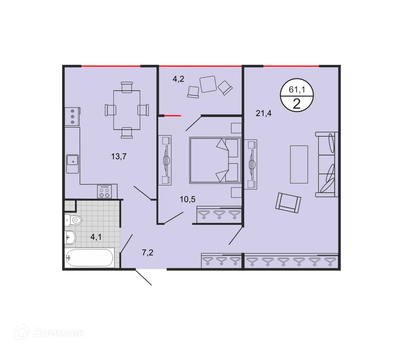 Планировка 2-комнатной квартиры 60.5 м² в ЖК Квартал 204, г. Ставрополь — фото 1