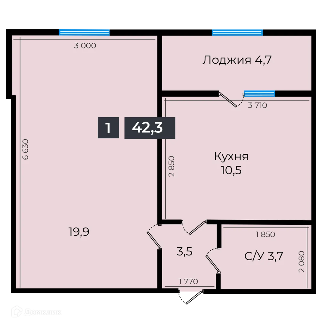 Планировка 1-комнатной квартиры 42.6 м² в ЖК Атмосфера-1, г. Ставрополь — фото 1
