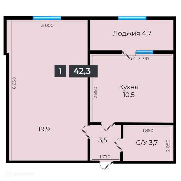 Планировка 1 комн. в ЖК Атмосфера-1