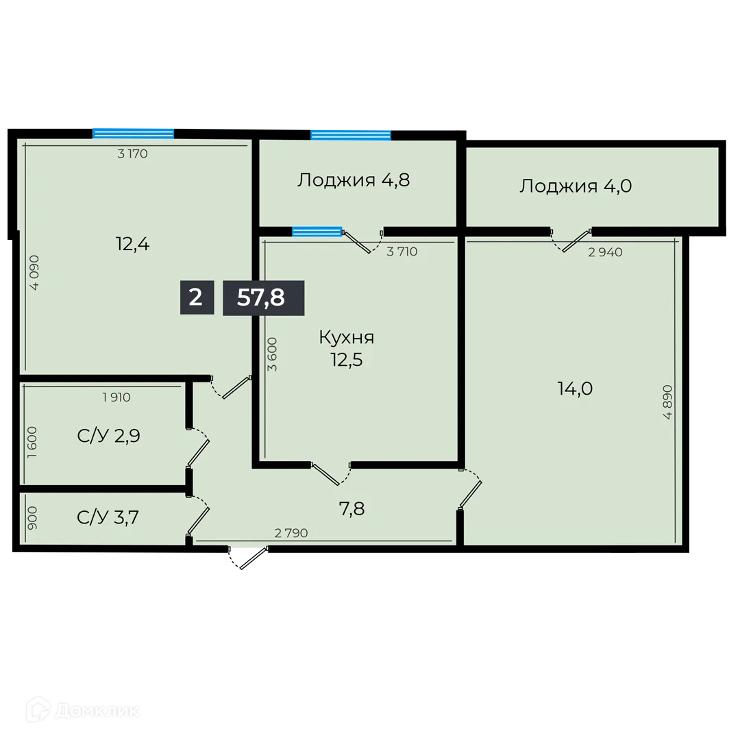Планировка 2-комнатной квартиры 59.8 м² в ЖК Атмосфера-1, г. Ставрополь — фото 1