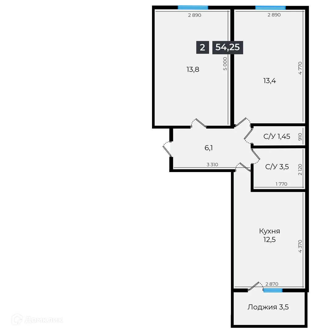 Планировка 2-комнатной квартиры 54.05 м² в ЖК Атмосфера-1, г. Ставрополь — фото 1