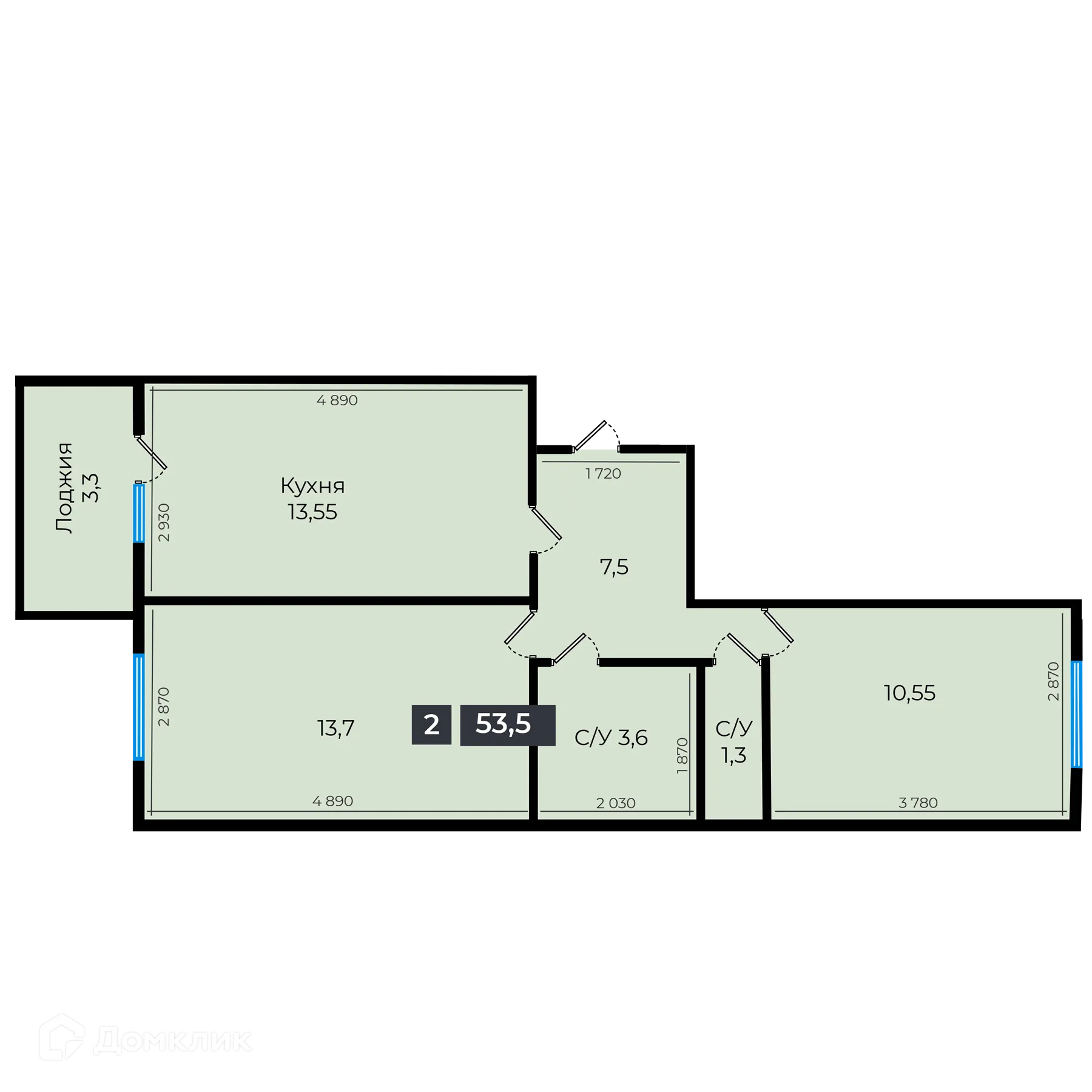 Планировка 2-комнатной квартиры 53.5 м² в ЖК Атмосфера-1, г. Ставрополь — фото 1