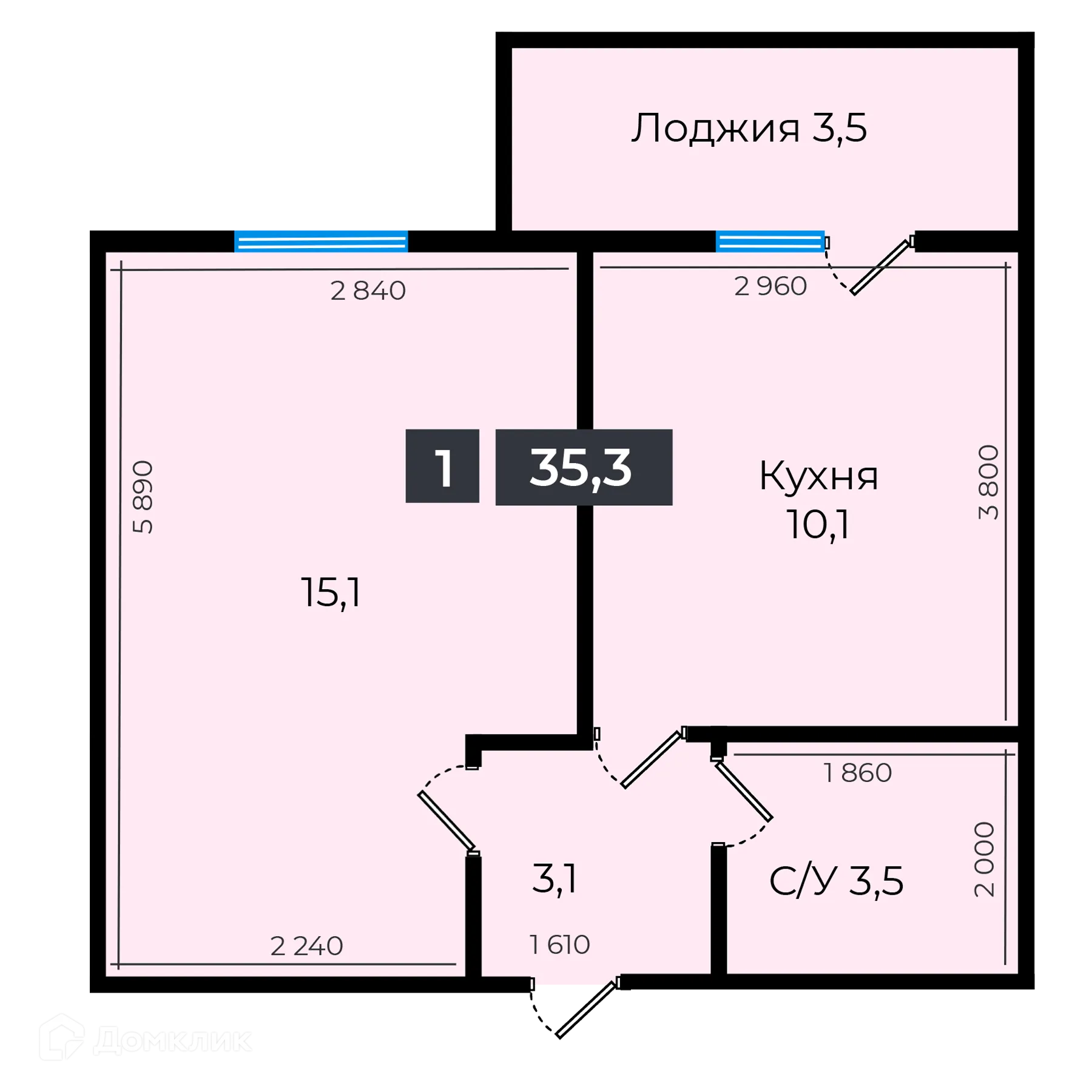 Планировка 1-комнатной квартиры 35.3 м² в ЖК Атмосфера-1, г. Ставрополь — фото 1