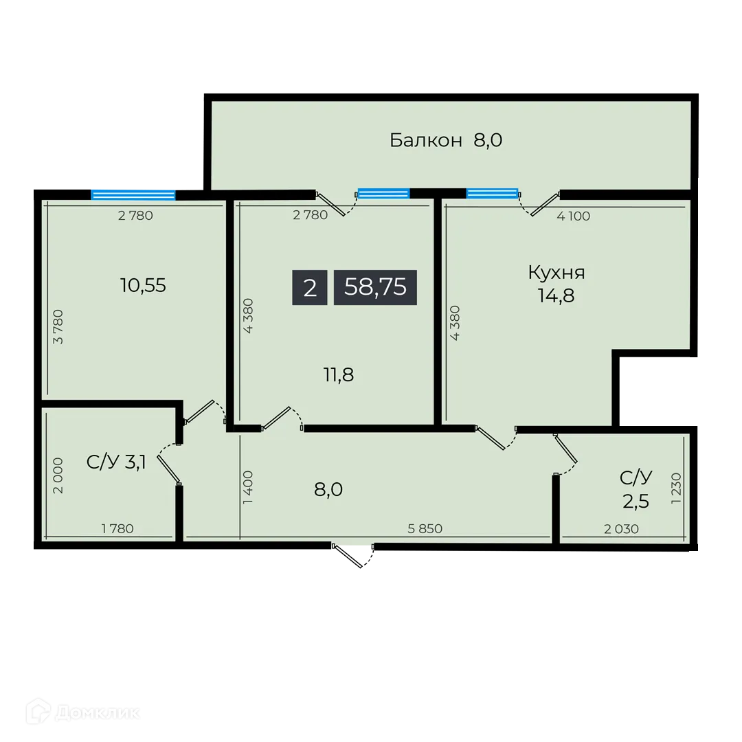 Планировка 2-комнатной квартиры 59.05 м² в ЖК Атмосфера-1, г. Ставрополь — фото 1