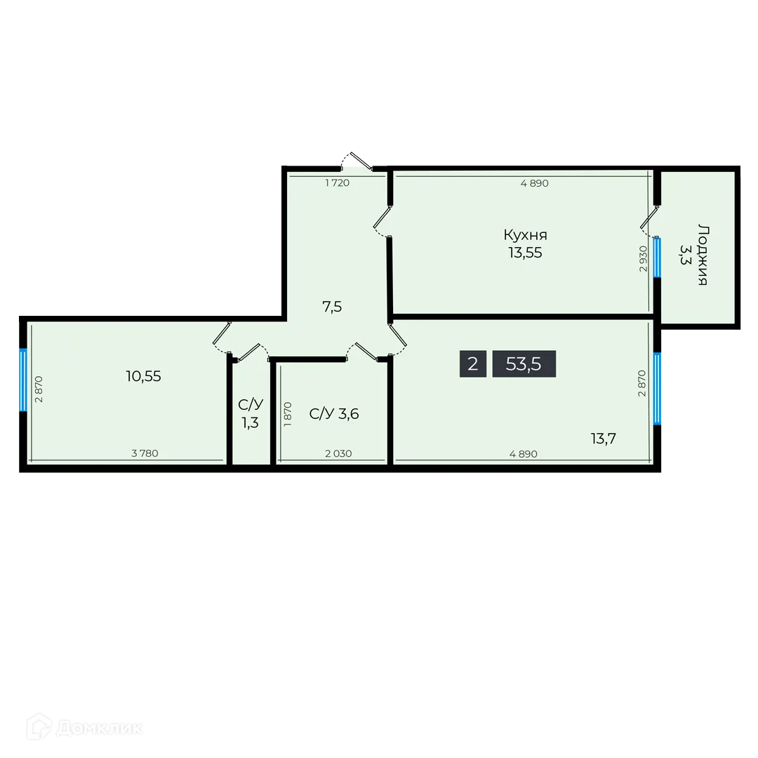 Планировка 2-комнатной квартиры 53.35 м² в ЖК Атмосфера-1, г. Ставрополь — фото 1