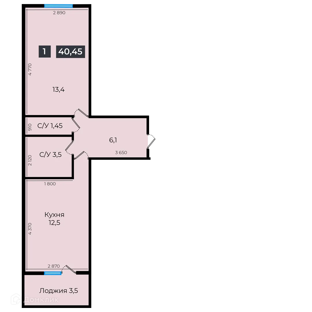 Планировка 1-комнатной квартиры 40.45 м² в ЖК Атмосфера-1, г. Ставрополь — фото 1