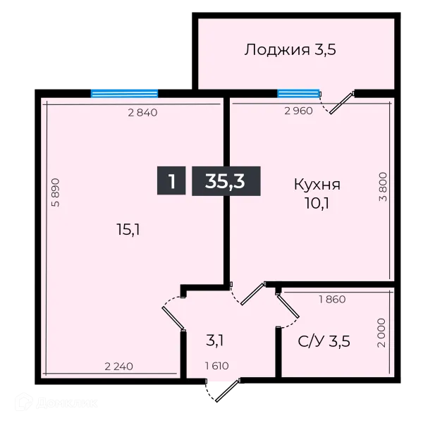 Планировка 1 комн. в ЖК Атмосфера-1