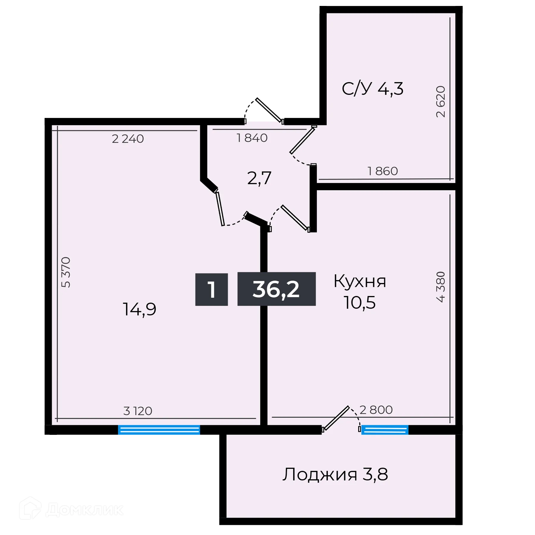 Планировка 1-комнатной квартиры 36.9 м² в ЖК Атмосфера-1, г. Ставрополь — фото 1