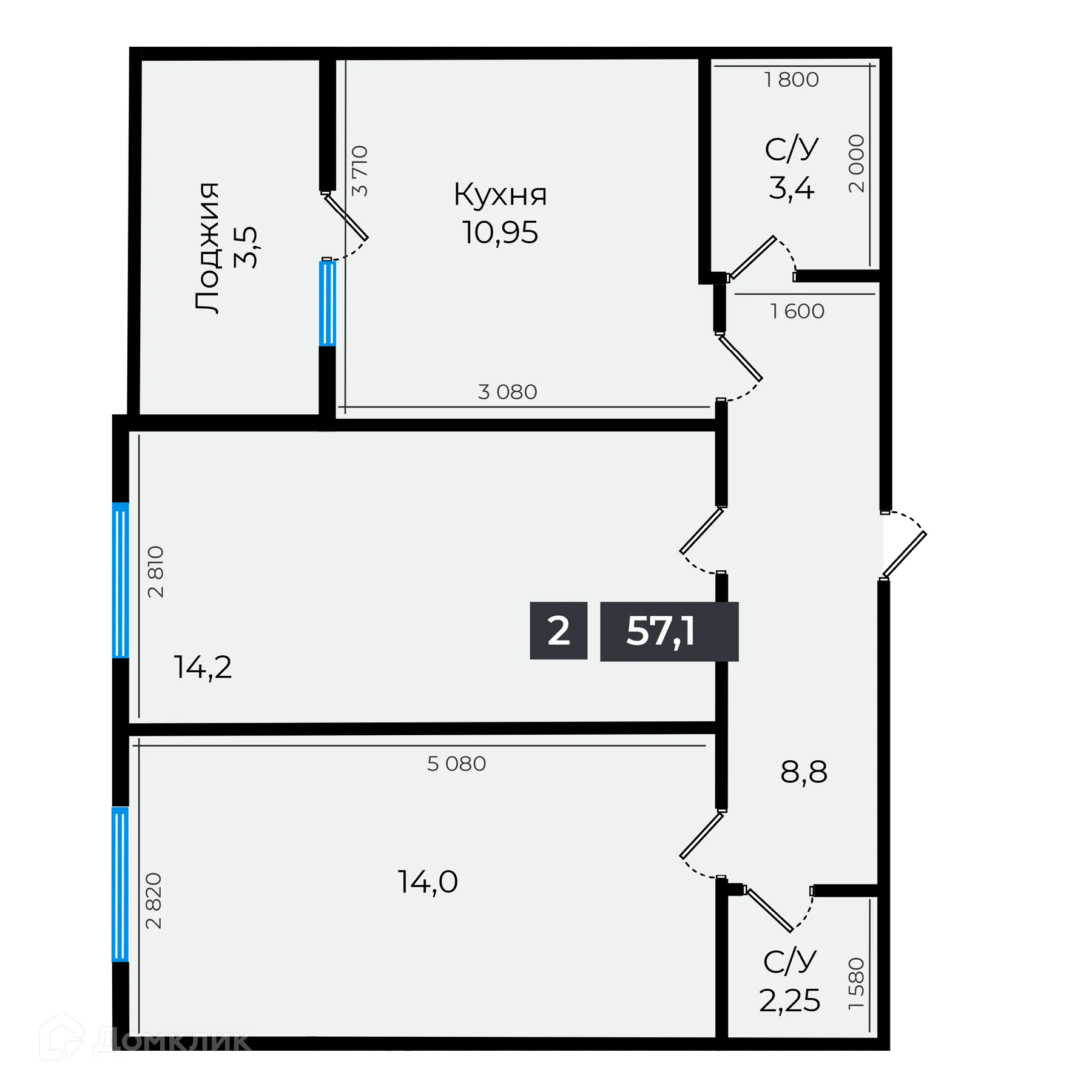 Планировка 2-комнатной квартиры 56.9 м² в ЖК Атмосфера-1, г. Ставрополь — фото 1