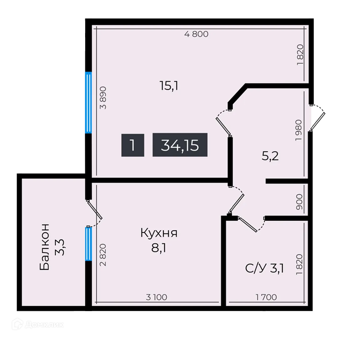 Планировка 1-комнатной квартиры 34.4 м² в ЖК Атмосфера-1, г. Ставрополь — фото 1