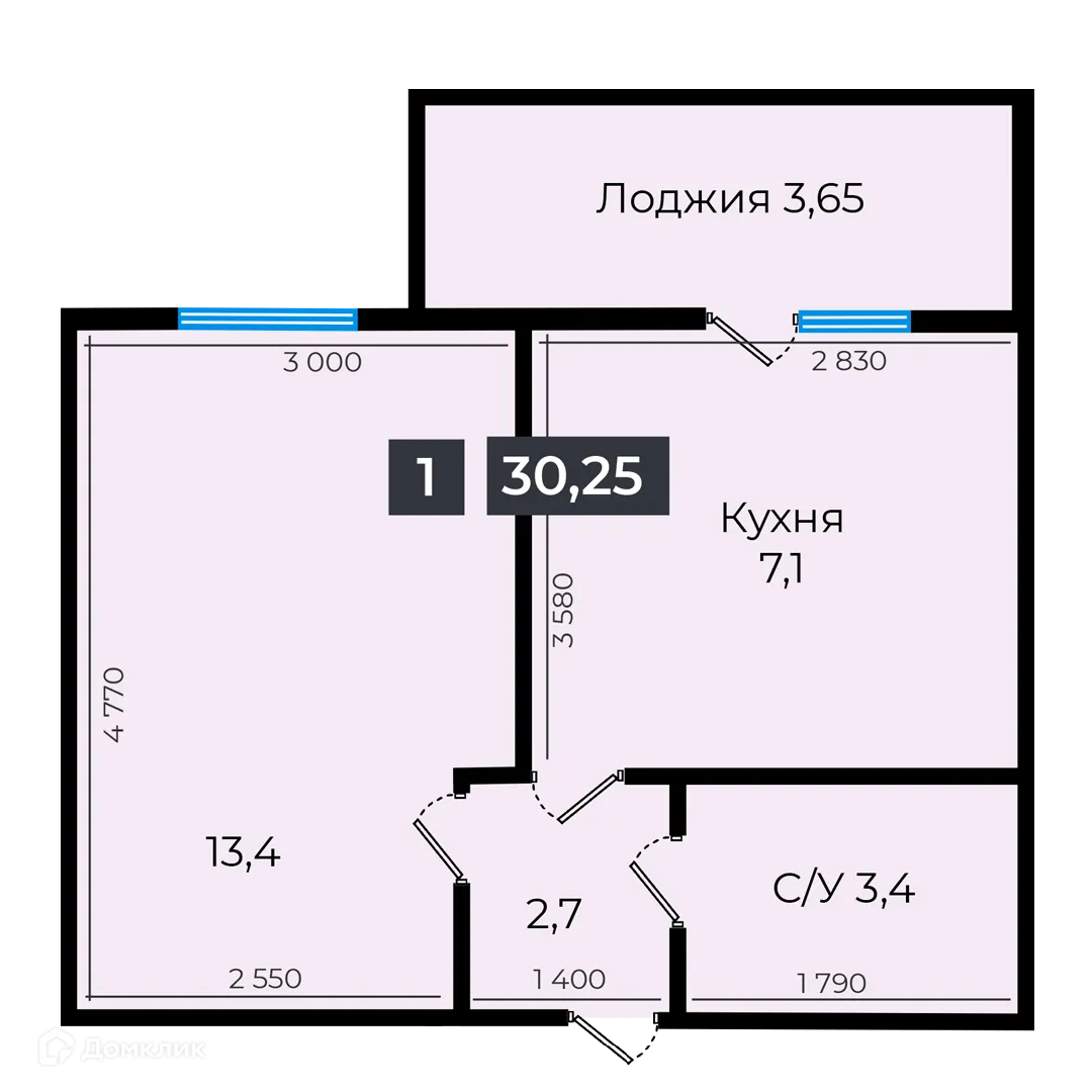 Планировка 1-комнатной квартиры 30.45 м² в ЖК Атмосфера-1, г. Ставрополь — фото 1