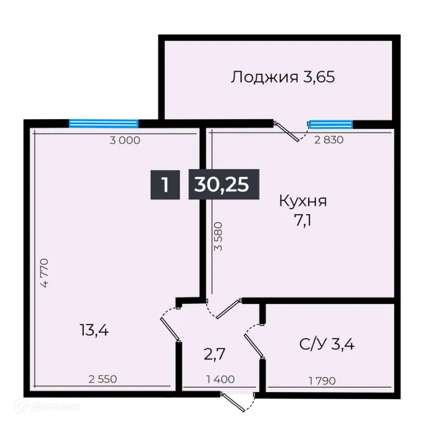 Планировка 1 комн. в ЖК Атмосфера-1