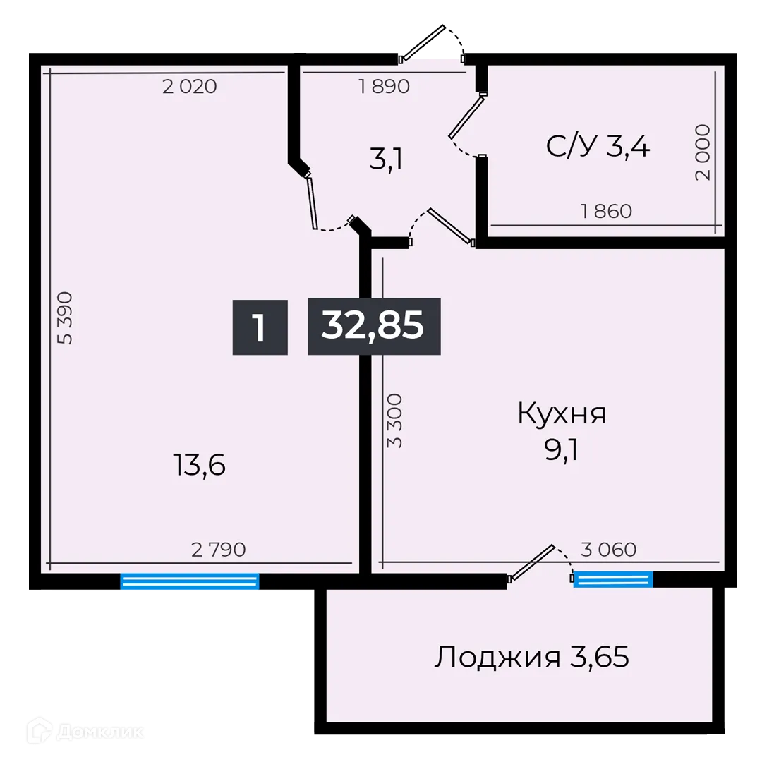 Планировка 1-комнатной квартиры 32.85 м² в ЖК Атмосфера-1, г. Ставрополь — фото 1