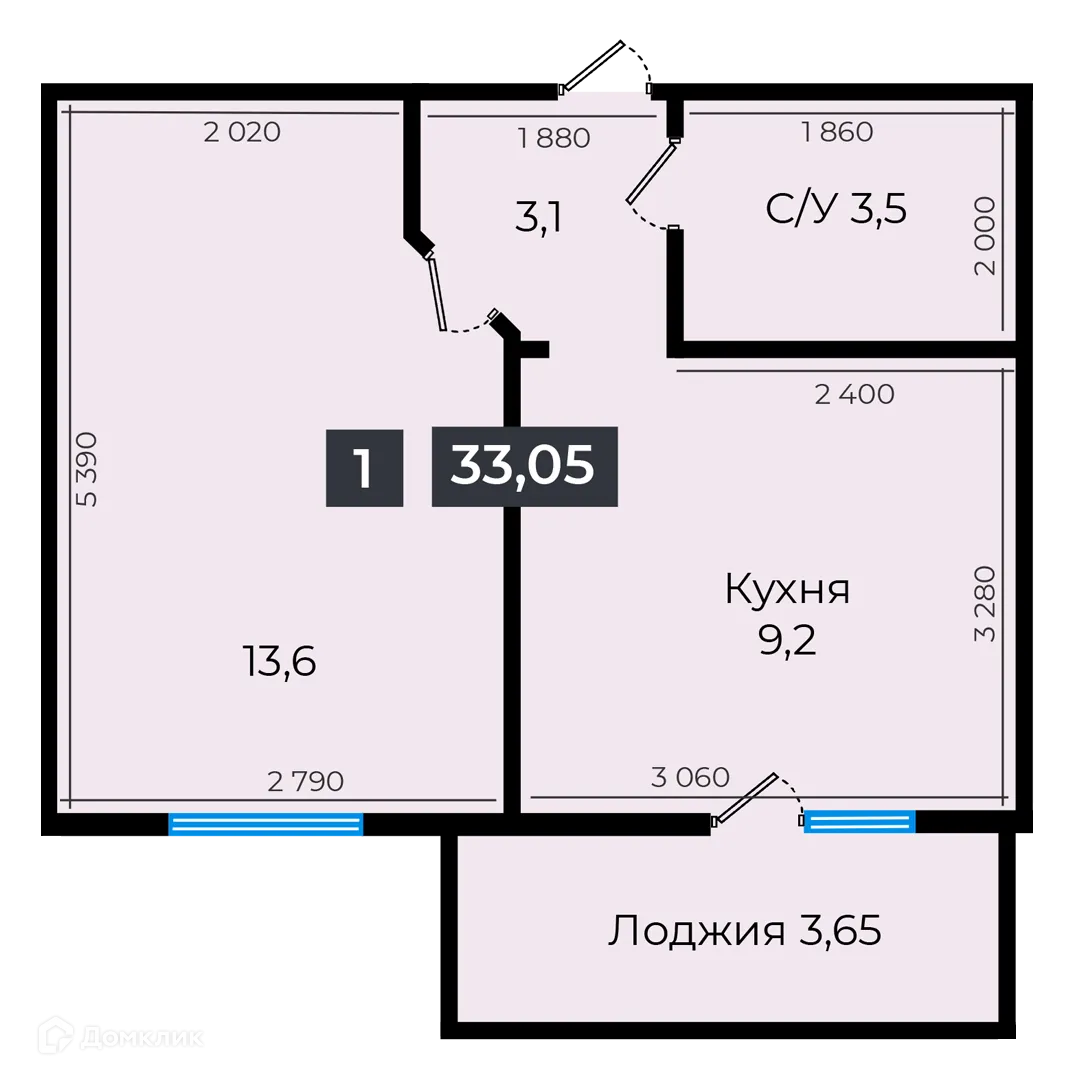 Планировка 1-комнатной квартиры 32.95 м² в ЖК Атмосфера-1, г. Ставрополь — фото 1