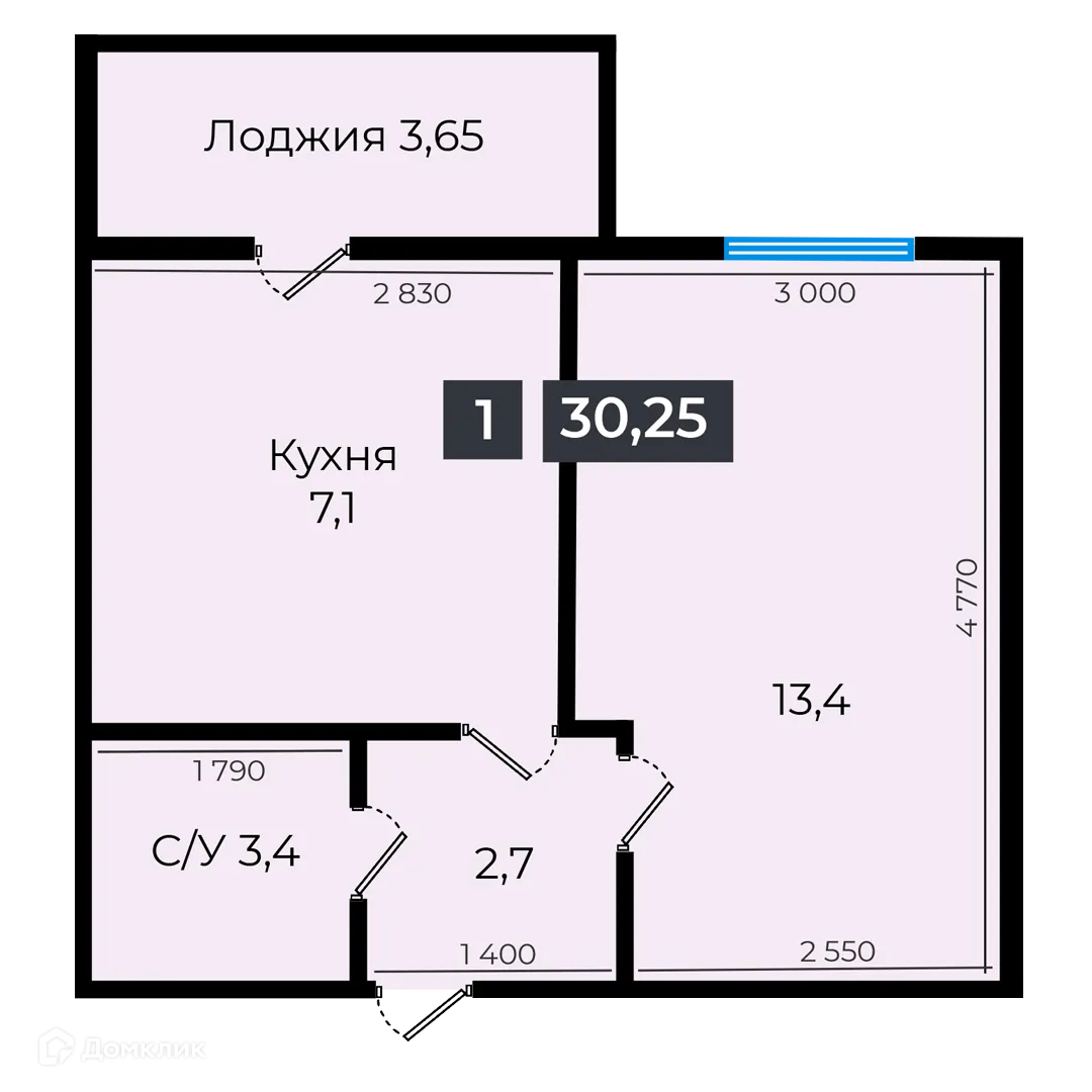 Планировка 1-комнатной квартиры 30.45 м² в ЖК Атмосфера-1, г. Ставрополь — фото 1