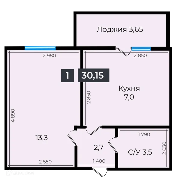 Планировка 1 комн. в ЖК Атмосфера-1