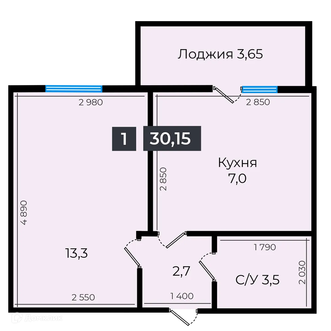 Планировка 1-комнатной квартиры 30.15 м² в ЖК Атмосфера-1, г. Ставрополь — фото 1