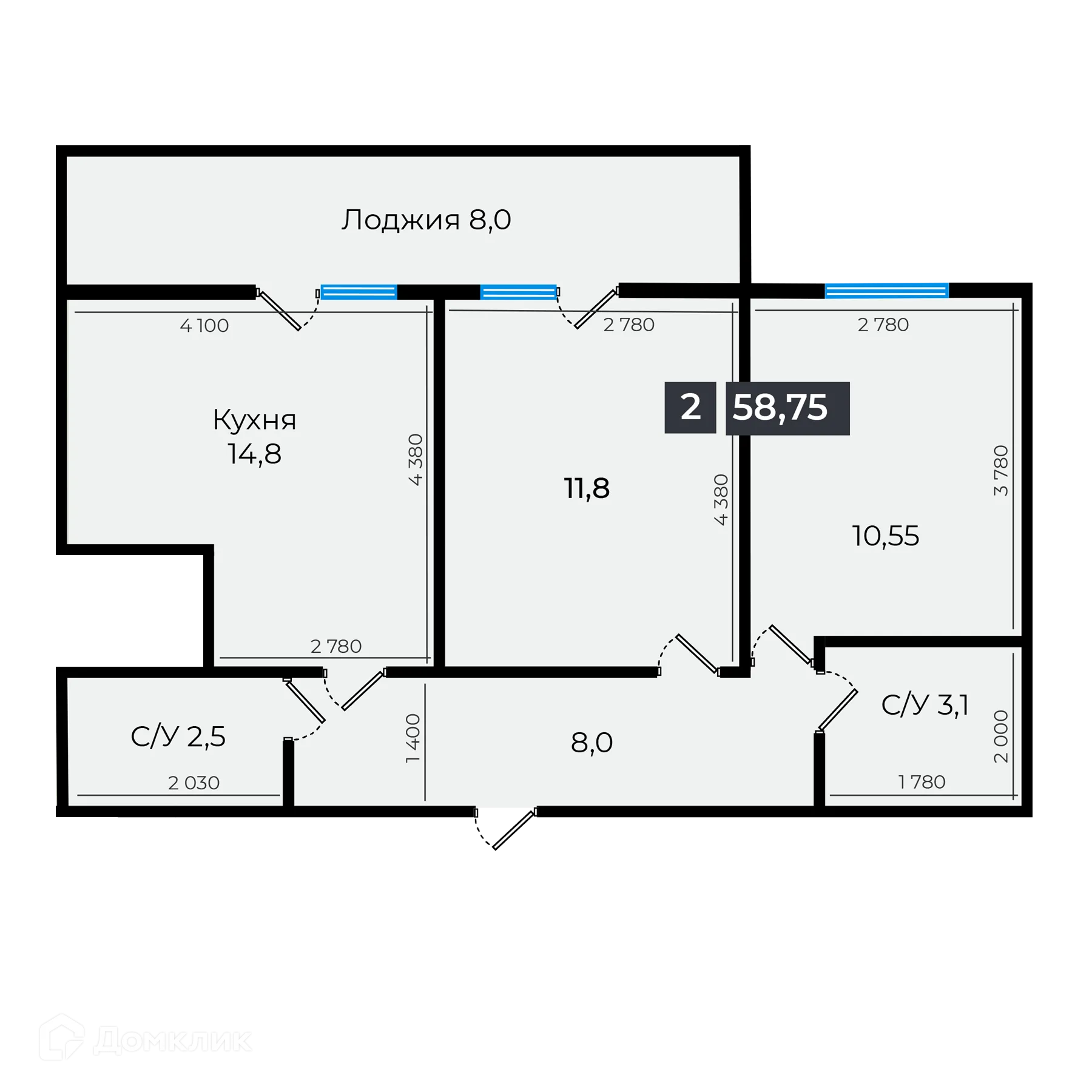 Планировка 2-комнатной квартиры 58.75 м² в ЖК Атмосфера-1, г. Ставрополь — фото 1