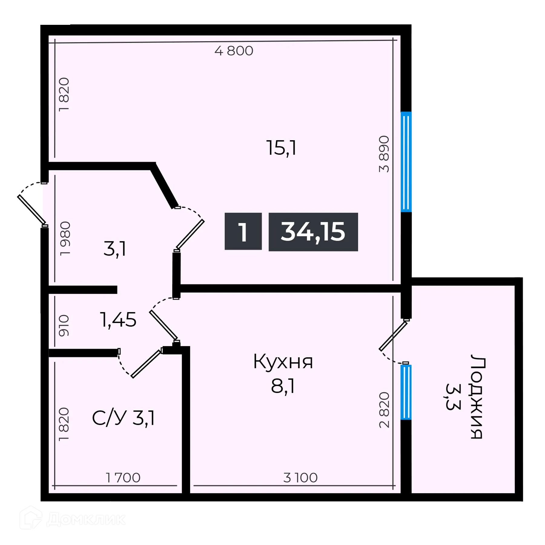 Планировка 1-комнатной квартиры 34.75 м² в ЖК Атмосфера-1, г. Ставрополь — фото 1