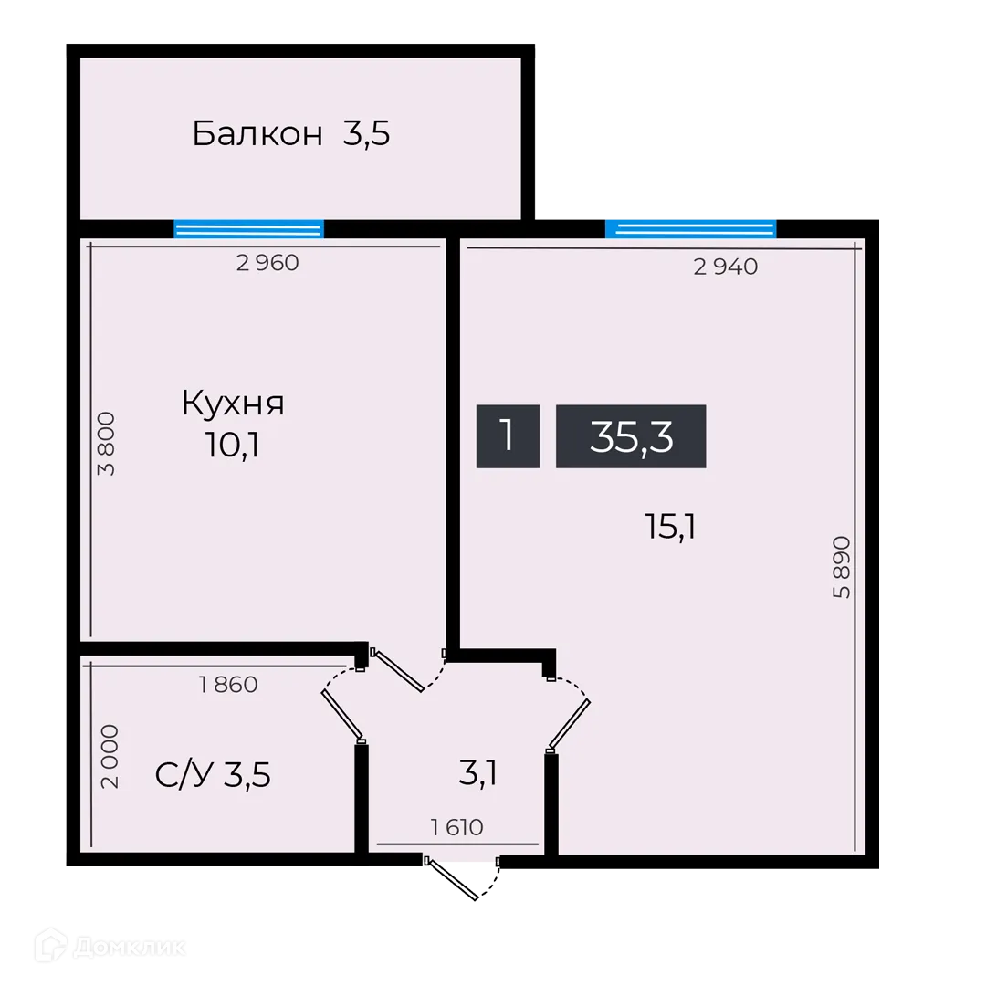 Планировка 1-комнатной квартиры 35.3 м² в ЖК Атмосфера-1, г. Ставрополь — фото 1