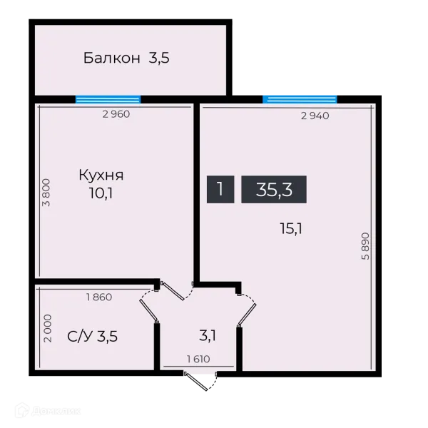 Планировка 1 комн. в ЖК Атмосфера-1