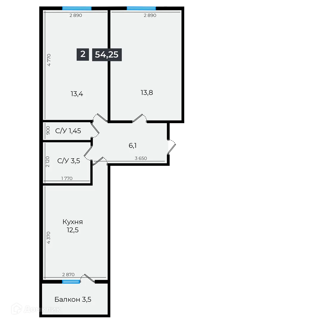 Планировка 2-комнатной квартиры 54.25 м² в ЖК Атмосфера-1, г. Ставрополь — фото 1