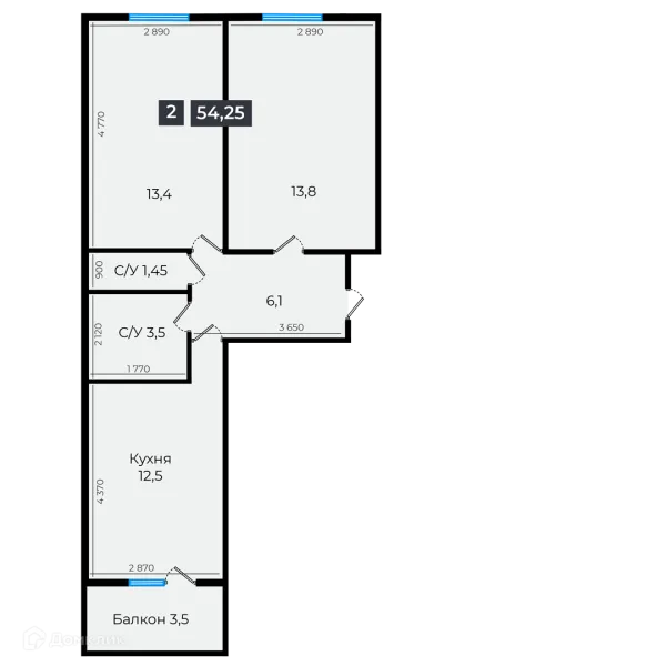 Планировка 2 комн. в ЖК Атмосфера-1