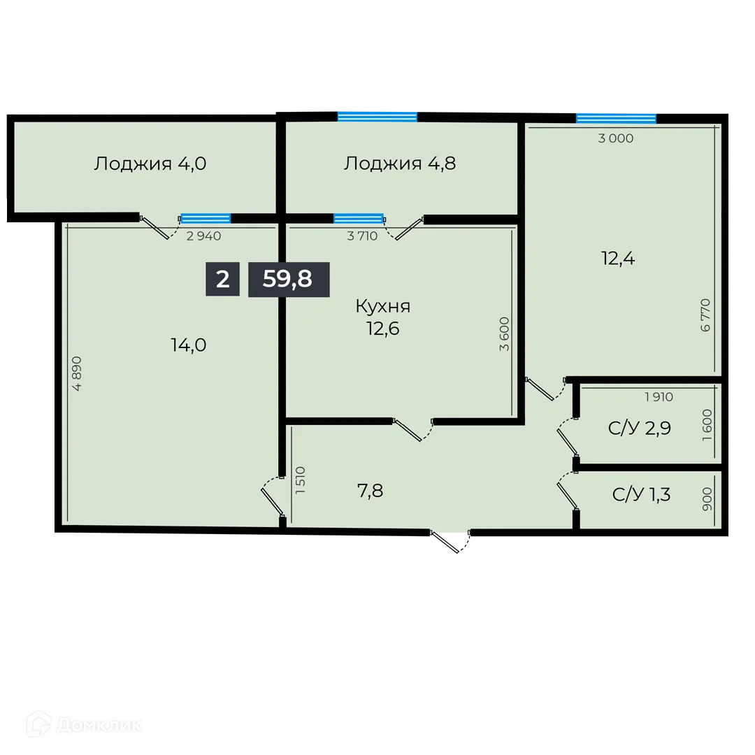 Планировка 2-комнатной квартиры 59.8 м² в ЖК Атмосфера-1, г. Ставрополь — фото 1