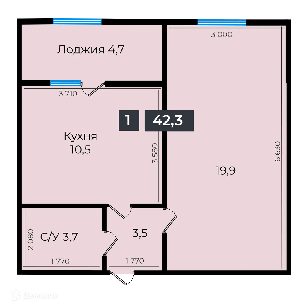 Планировка 1-комнатной квартиры 42.3 м² в ЖК Атмосфера-1, г. Ставрополь — фото 1