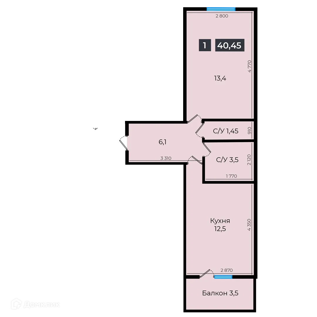 Планировка 1-комнатной квартиры 40.25 м² в ЖК Атмосфера-1, г. Ставрополь — фото 1