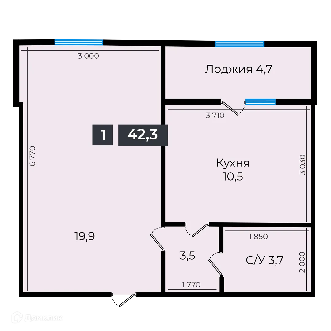 Планировка 1-комнатной квартиры 42.5 м² в ЖК Атмосфера-1, г. Ставрополь — фото 1