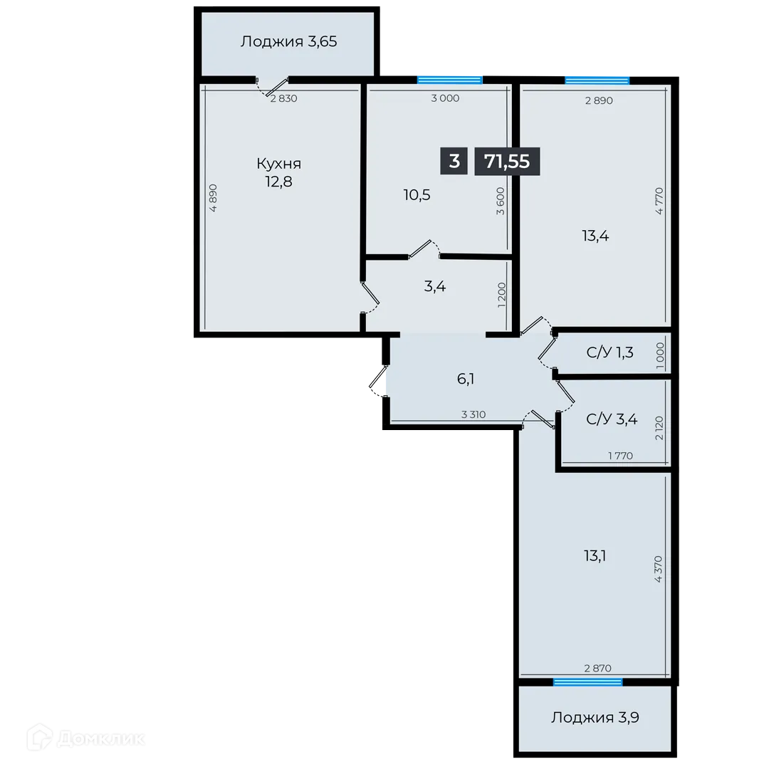 Планировка 3-комнатной квартиры 71.35 м² в ЖК Атмосфера-1, г. Ставрополь — фото 1