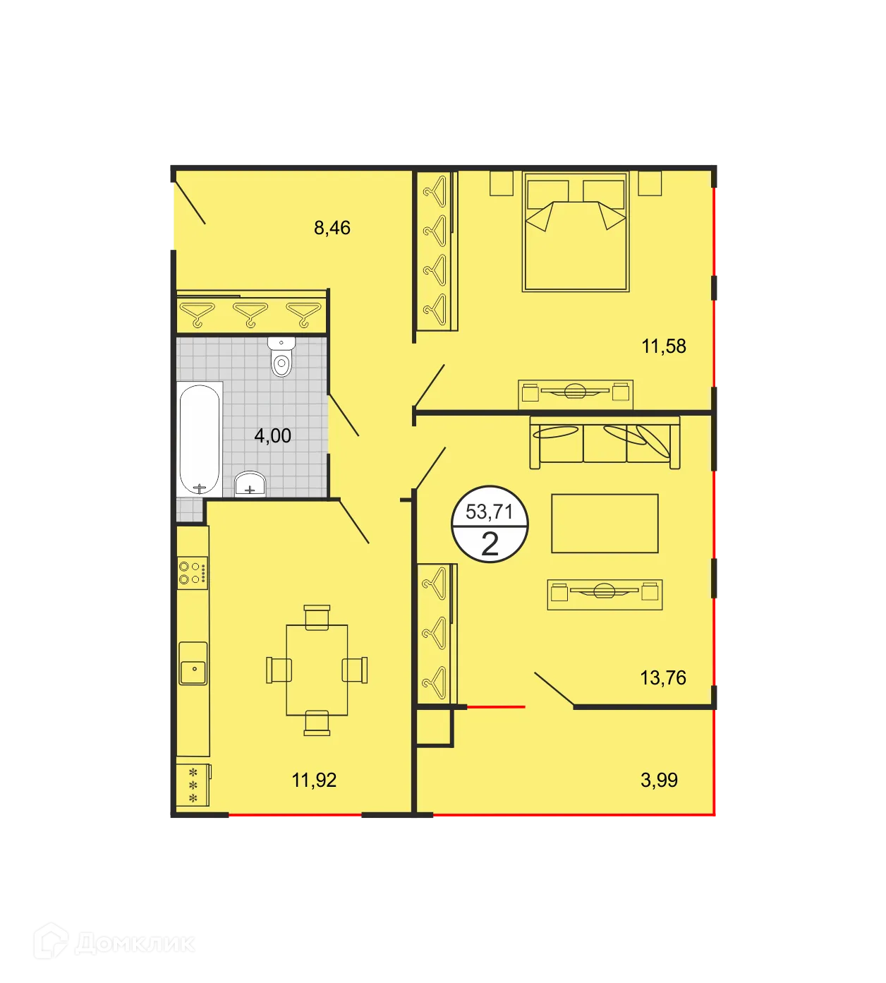 Планировка 2-комнатной квартиры 53.71 м² в ЖК Дыхание, г. Ставрополь — фото 2