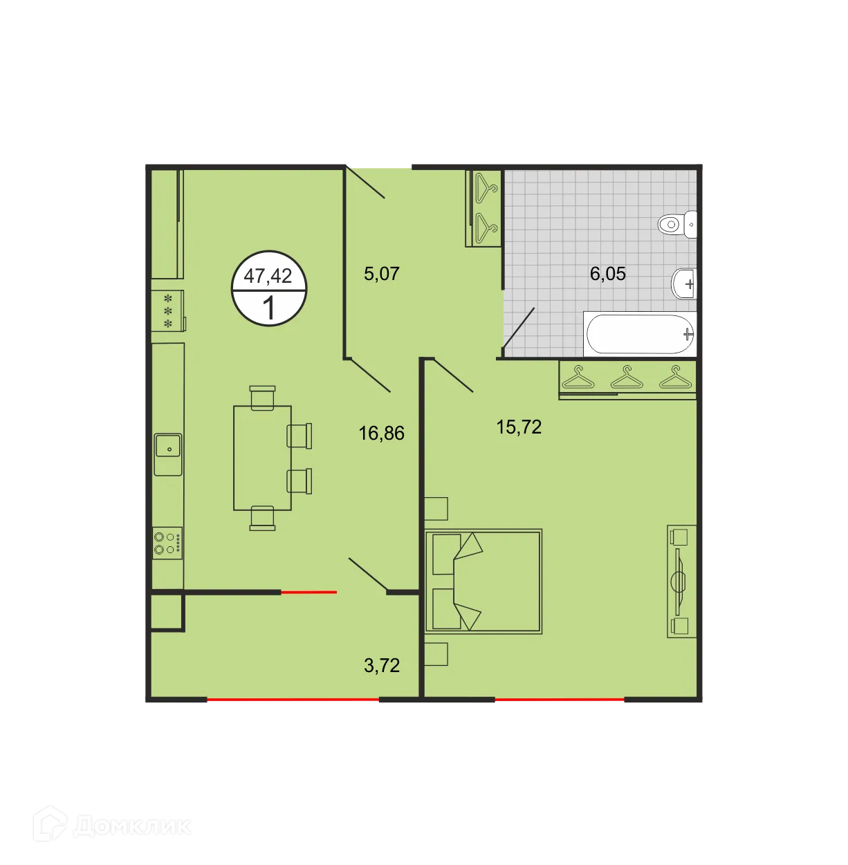 Планировка 1-комнатной квартиры 47.42 м² в ЖК Дыхание, г. Ставрополь — фото 2