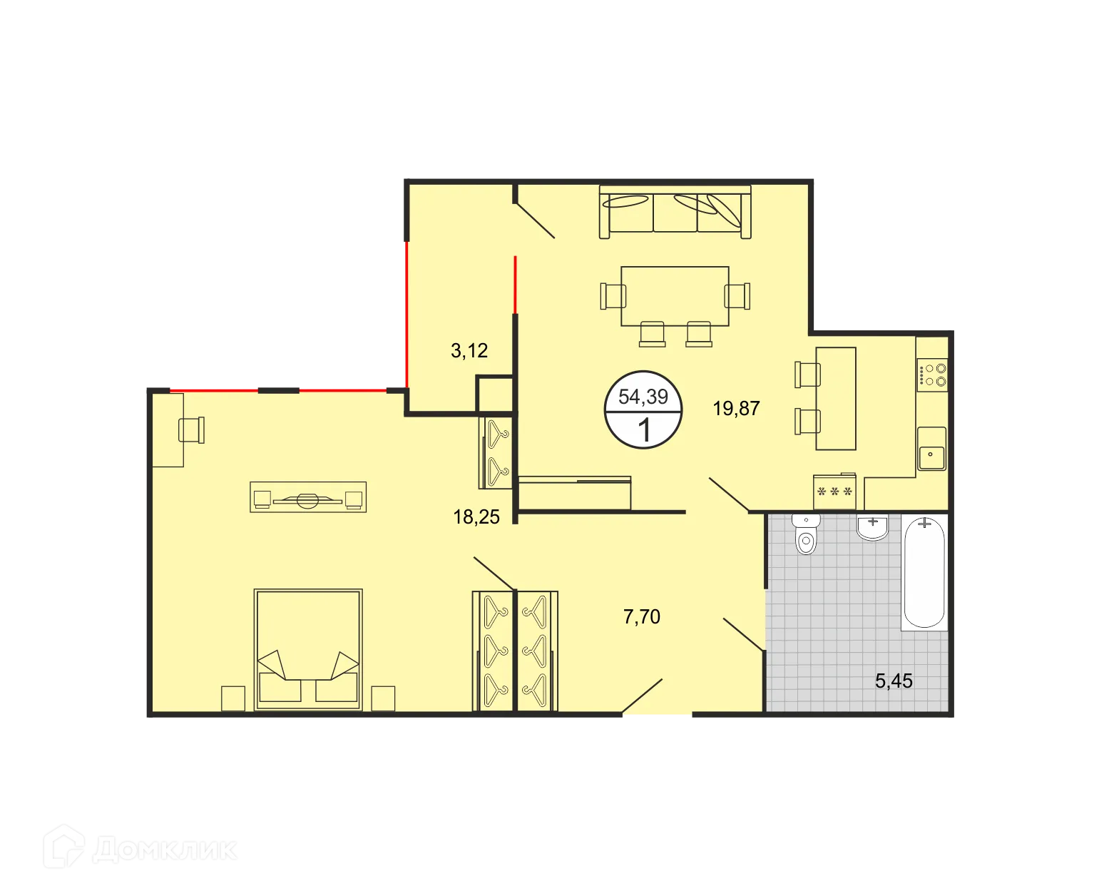 Планировка 1-комнатной квартиры 54.39 м² в ЖК Дыхание, г. Ставрополь — фото 2