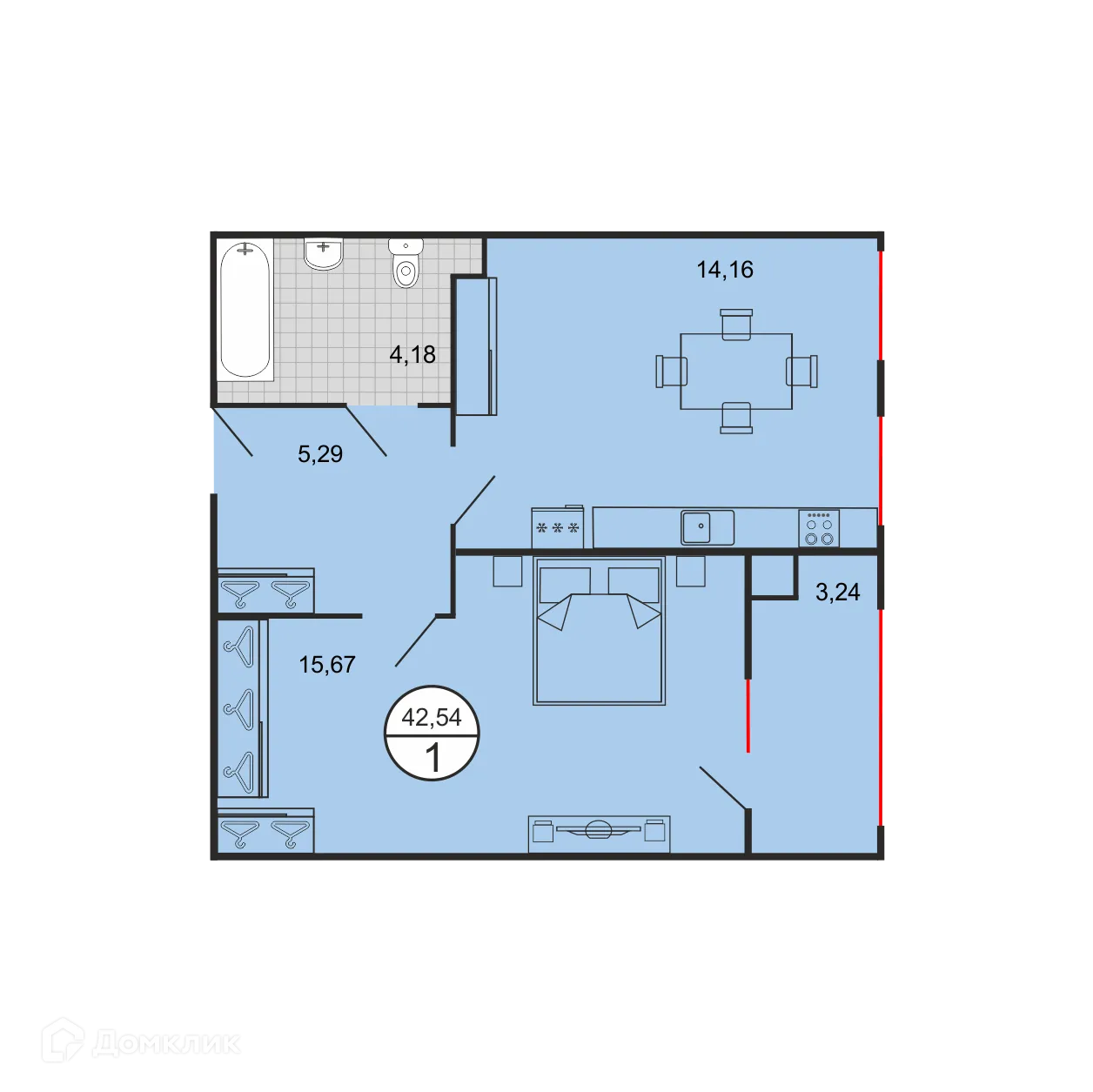 Планировка 1-комнатной квартиры 42.54 м² в ЖК Дыхание, г. Ставрополь — фото 2