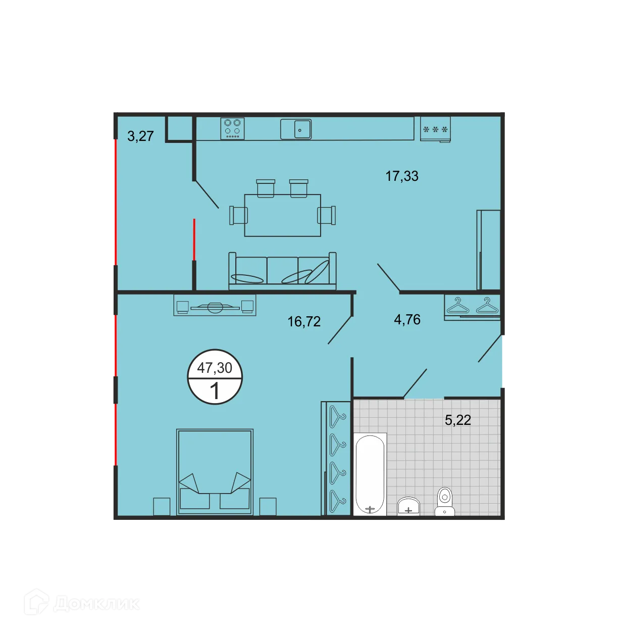 Планировка 1-комнатной квартиры 47.3 м² в ЖК Дыхание, г. Ставрополь — фото 2
