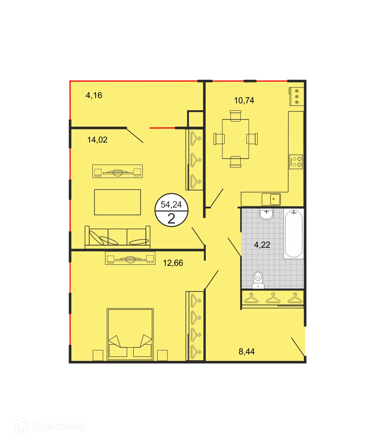 Планировка 2-комнатной квартиры 54.24 м² в ЖК Дыхание, г. Ставрополь — фото 2