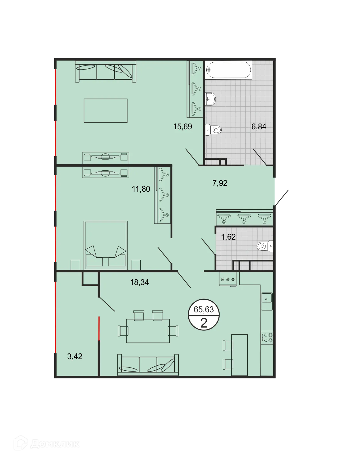 Планировка 2-комнатной квартиры 65.63 м² в ЖК Дыхание, г. Ставрополь — фото 2