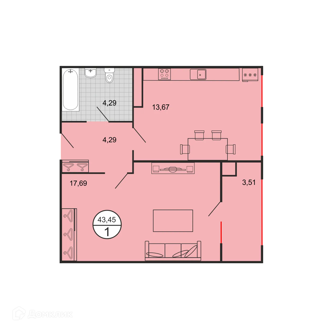 Планировка 1-комнатной квартиры 43.45 м² в ЖК Дыхание, г. Ставрополь — фото 1