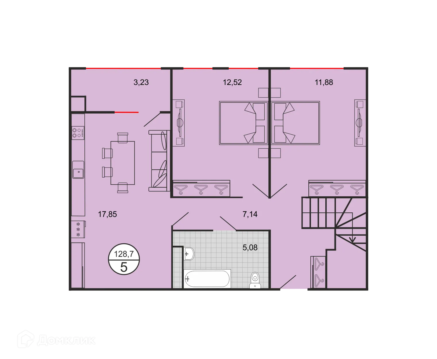 Планировка 5-комнатной квартиры 128.7 м² в ЖК Дыхание, г. Ставрополь — фото 2