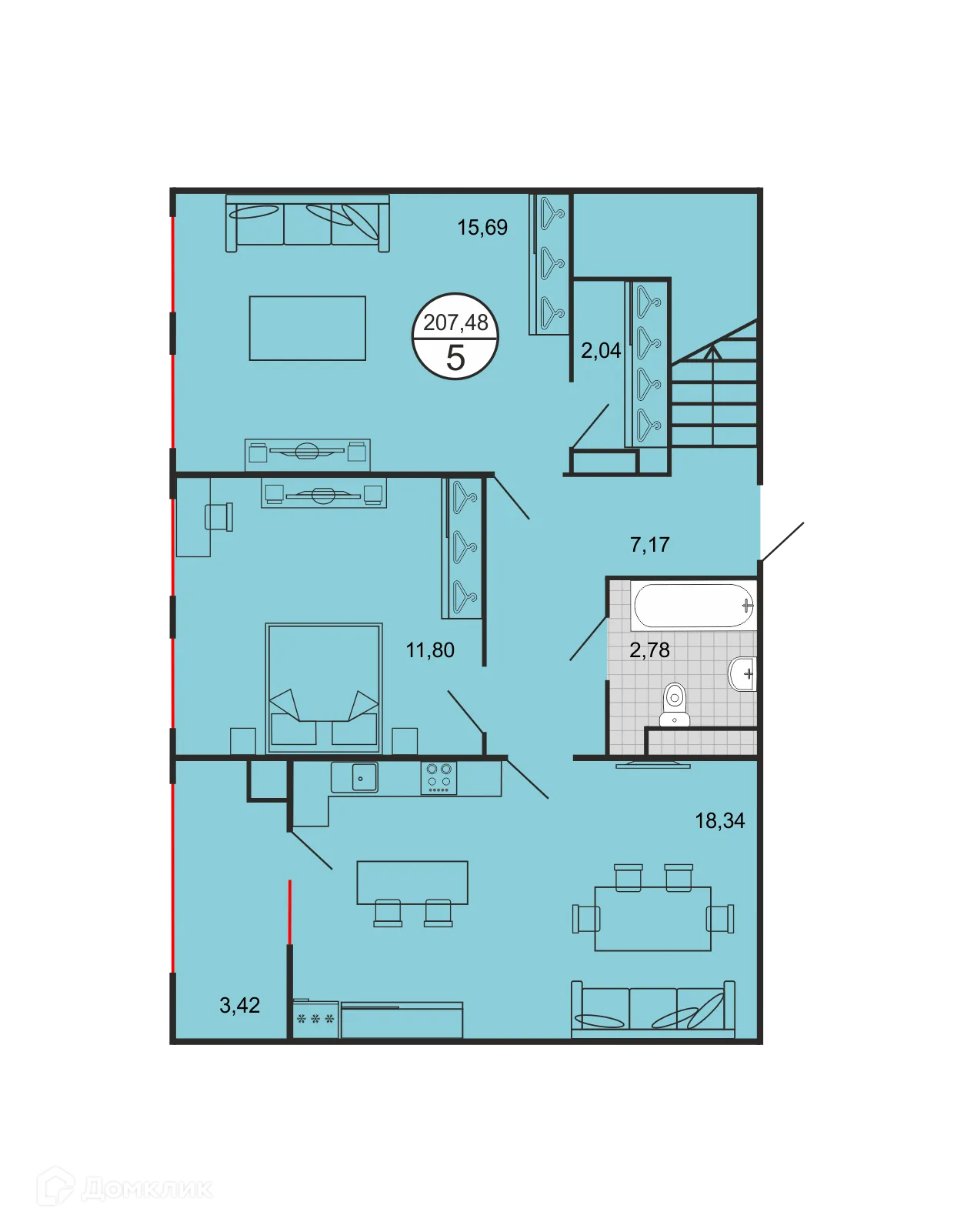 Планировка 5-комнатной квартиры 207.48 м² в ЖК Дыхание, г. Ставрополь — фото 2