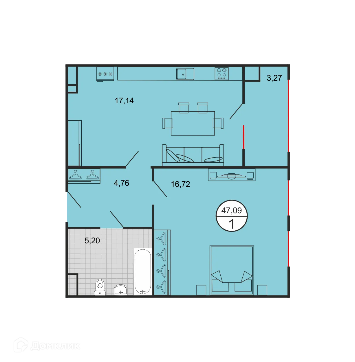 Планировка 1-комнатной квартиры 47.09 м² в ЖК Дыхание, г. Ставрополь — фото 2