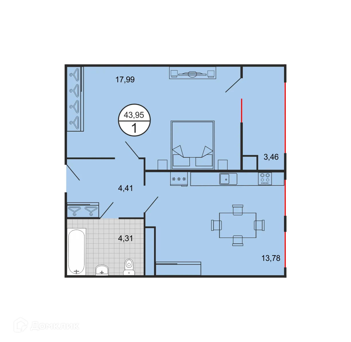 Планировка 1-комнатной квартиры 43.95 м² в ЖК Дыхание, г. Ставрополь — фото 2