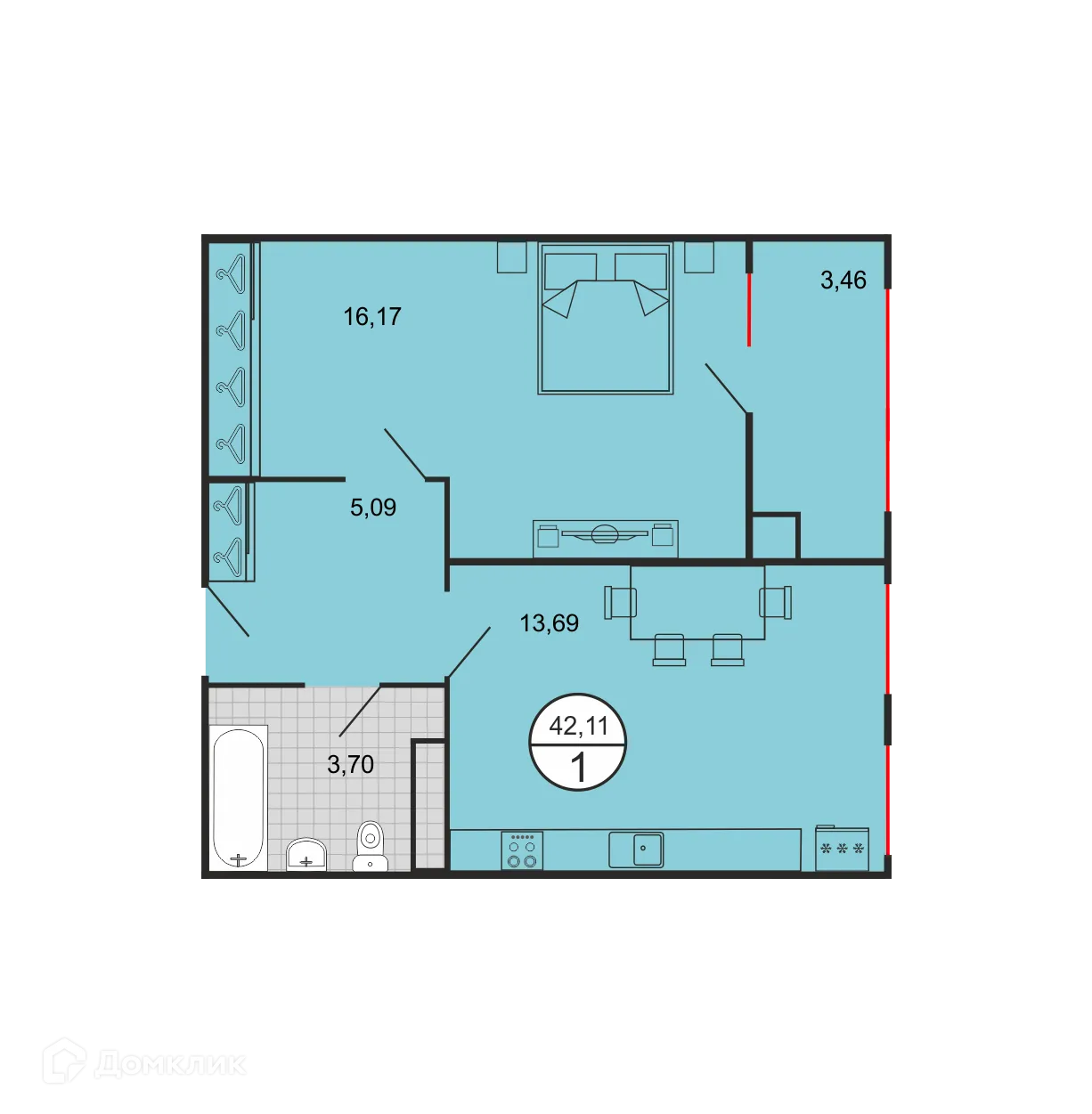 Планировка 1-комнатной квартиры 42.11 м² в ЖК Дыхание, г. Ставрополь — фото 1