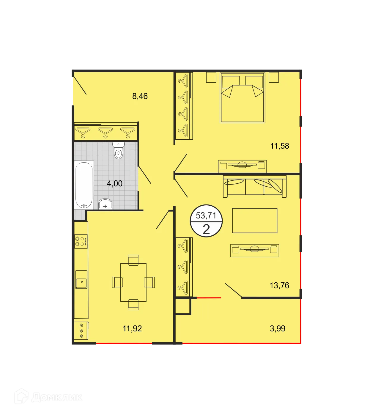 Планировка 2-комнатной квартиры 53.71 м² в ЖК Дыхание, г. Ставрополь — фото 2
