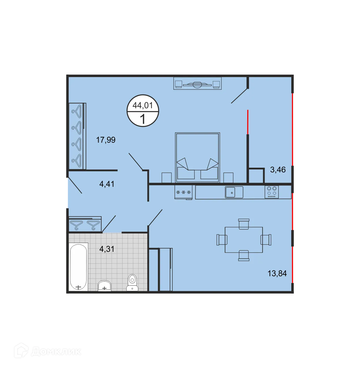 Планировка 1-комнатной квартиры 44.01 м² в ЖК Дыхание, г. Ставрополь — фото 1