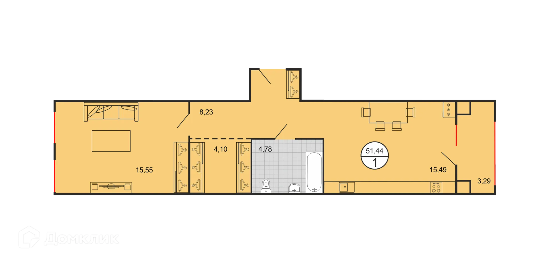 Планировка 1-комнатной квартиры 51.44 м² в ЖК Дыхание, г. Ставрополь — фото 2
