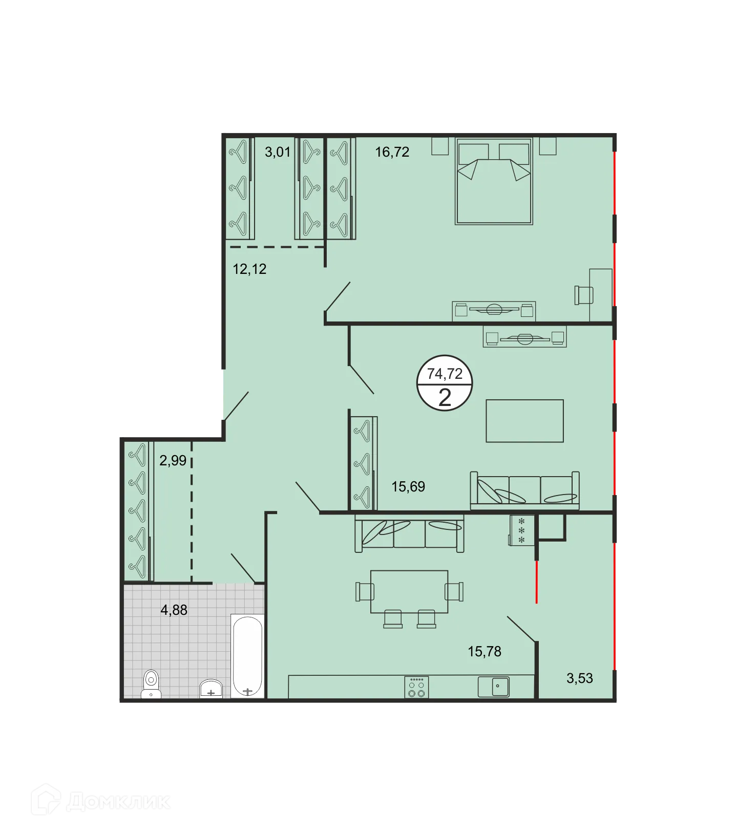 Планировка 2-комнатной квартиры 74.72 м² в ЖК Дыхание, г. Ставрополь — фото 2
